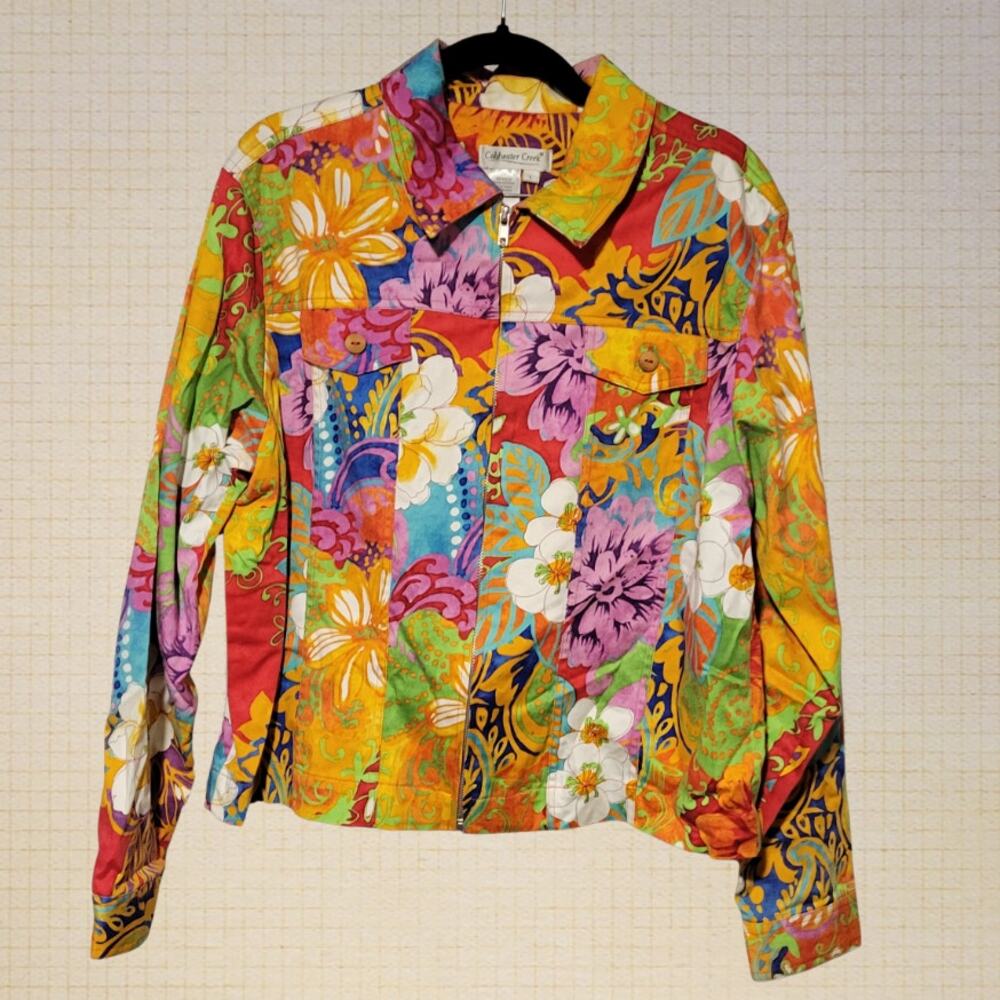 Y2K Colorful Floral Cotton Blend Zip Up Jacket Cold Water Creek Large Size L.